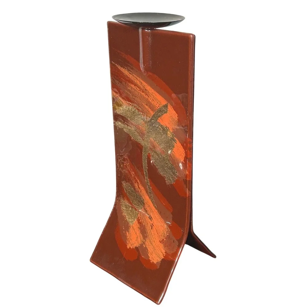 Candle Holder Modern Abstract Art Brown Gold Orange Brushstroke Unique Decor